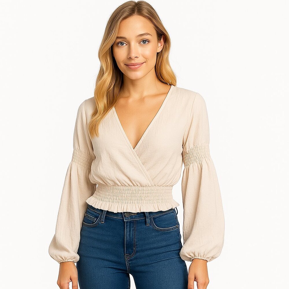 fanco Cream white Wrap long sleeve deep v blouse top cropped tie back ruffles